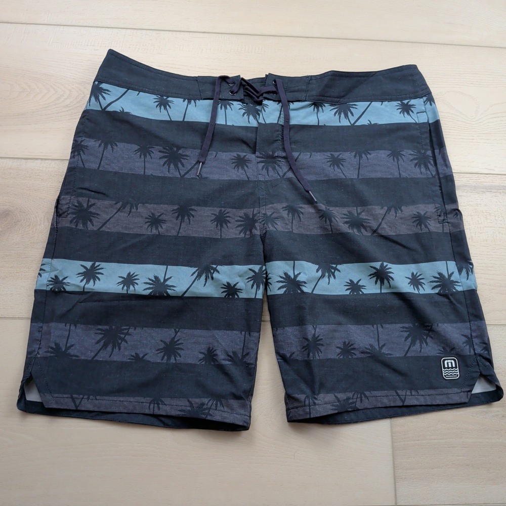 Travis Mathew Mens Board Shorts 36 Black Blue Striped Palm Tree Swim Trunks